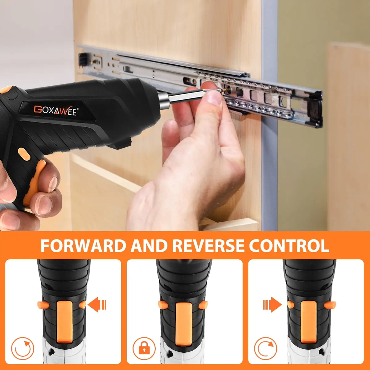 GOXAWEE Cordless Electric Screwdriver with Pivoting Handle, LED Light and 46pcs Bit Set, 3.7V, 2000mA image 5