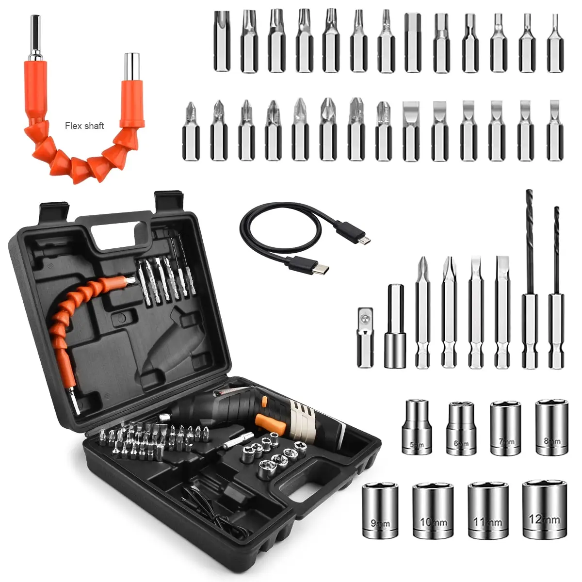 GOXAWEE Cordless Electric Screwdriver with Pivoting Handle, LED Light and 46pcs Bit Set, 3.7V, 2000mA image 7