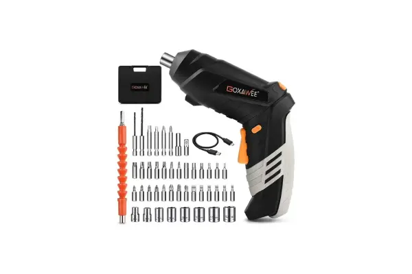 GOXAWEE Cordless Electric Screwdriver with Pivoting Handle, LED Light and 46pcs Bit Set, 3.7V, 2000mA image