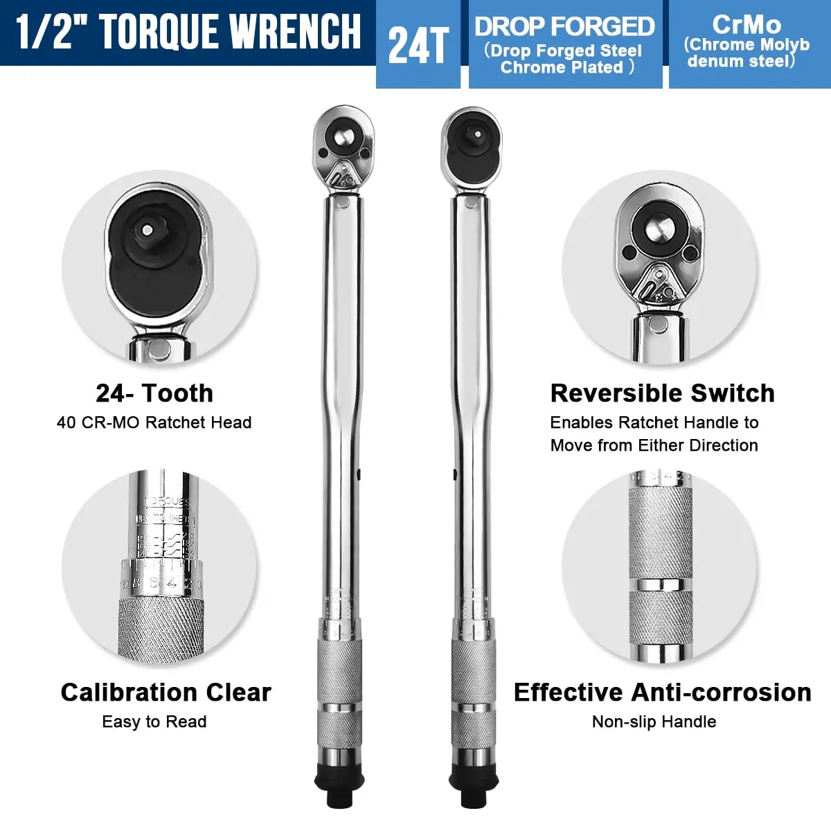 GOXAWEE 1/2-Inch Drive Click Torque Wrench, 24-Tooth Precision Dual-Direction Torque Wrench with Buckle, 20.6-154.9 ft.-lb/28-210 Nm, G5274B image 2