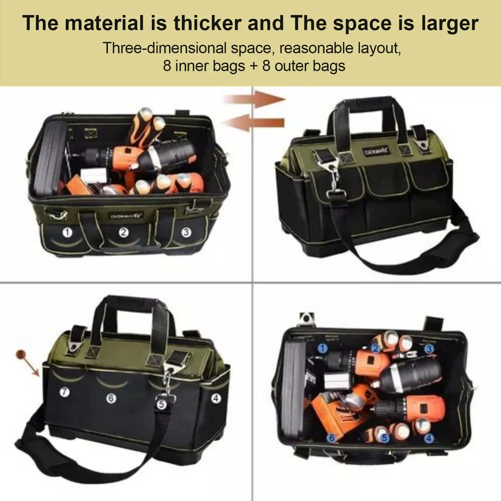 GOXAWEE 17-inch Tool Bag with 16 Pockets, Waterproof Oxford Canvas Hand Tool Storage Bag, Tool Kit Organizer Bag image 3