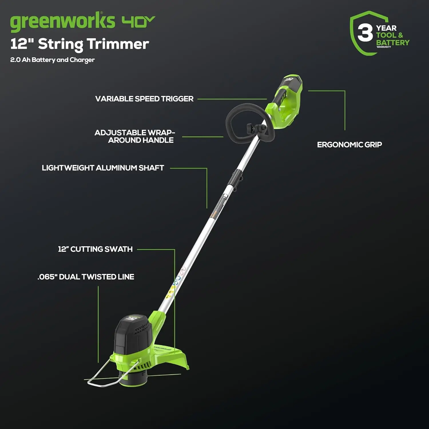 Greenworks 40V Lawn Care Combo Kit, Trimmer & Blower for Edging & Leaf Cleanup, 2.0Ah Battery & Charger (Gas-Free Yard Duo) image 2