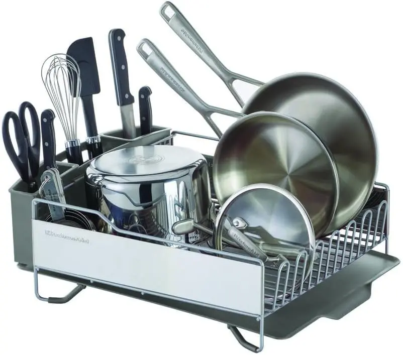 KitchenAid Large Capacity Full Size Rust Resistant Dish Rack with Angled Drain Board and Removable Flatware Caddy, Light Grey image 1
