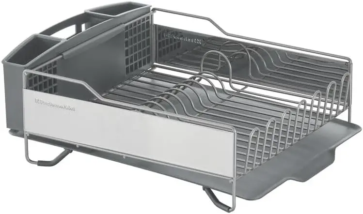 KitchenAid Large Capacity Full Size Rust Resistant Dish Rack with Angled Drain Board and Removable Flatware Caddy, Light Grey image 5
