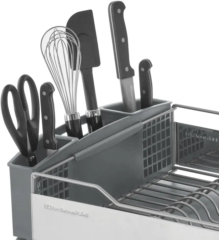 KitchenAid Large Capacity Full Size Rust Resistant Dish Rack with Angled Drain Board and Removable Flatware Caddy, Light Grey image 6