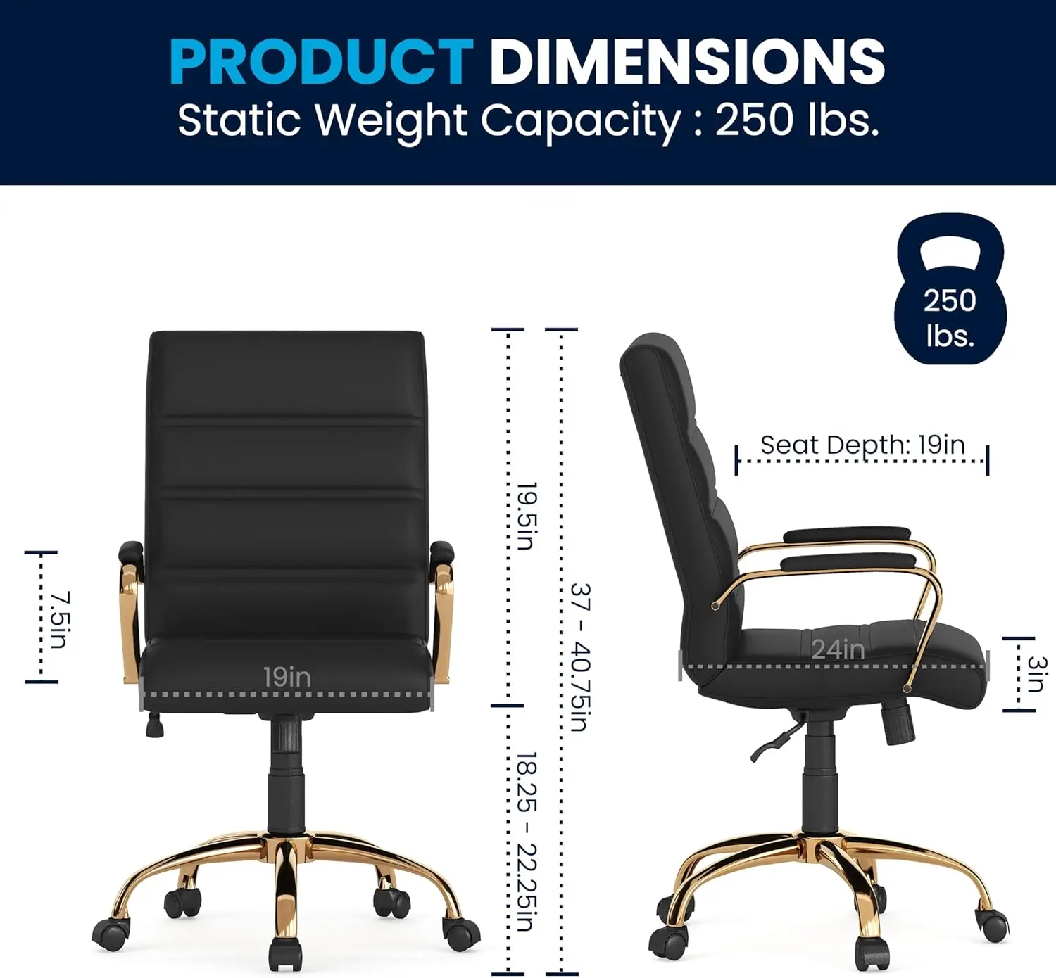 Flash Furniture Whitney Mid-Back Swivel LeatherSoft Desk Chair with Wheels, Padded Seat and Armrests, Adjustable Height Padded Office Chair, Black image 3