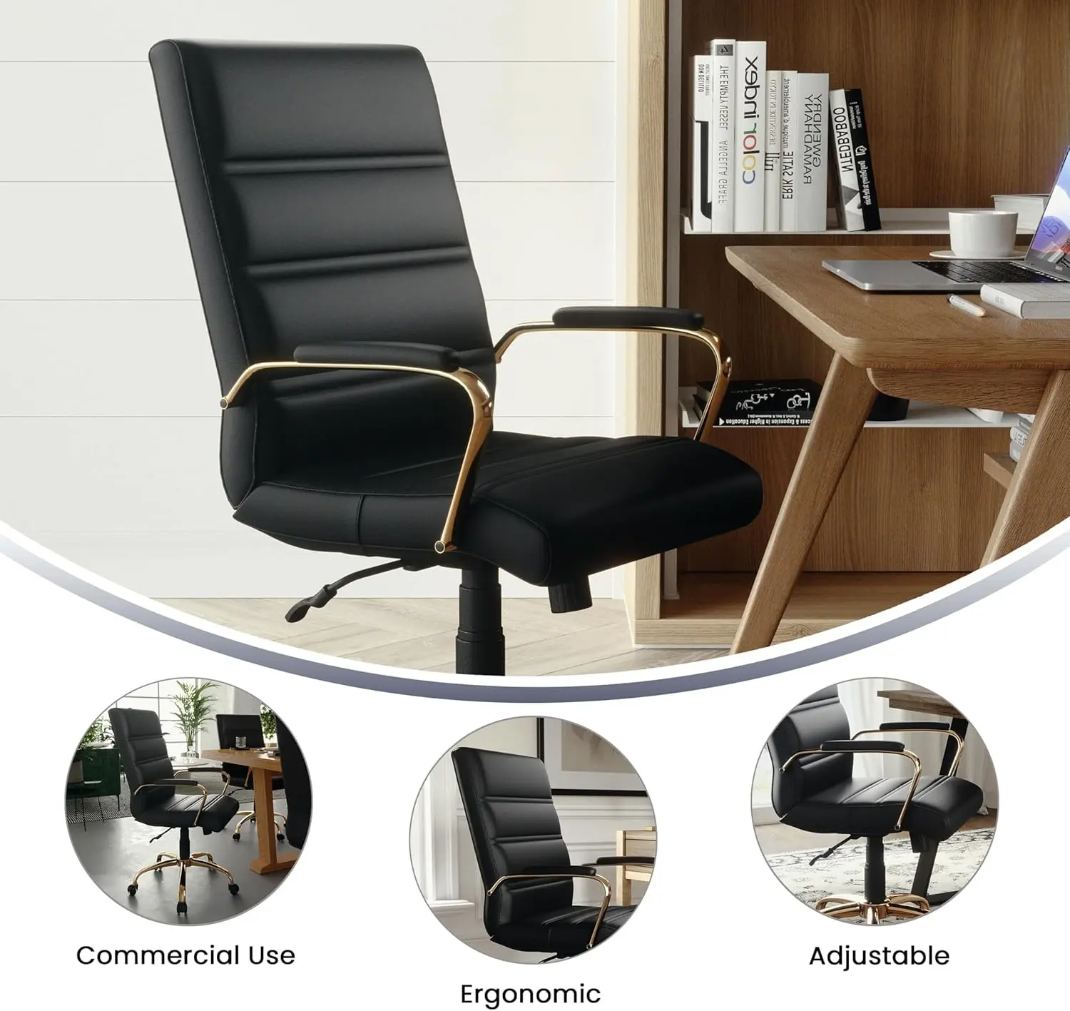 Flash Furniture Whitney Mid-Back Swivel LeatherSoft Desk Chair with Wheels, Padded Seat and Armrests, Adjustable Height Padded Office Chair, Black image 5