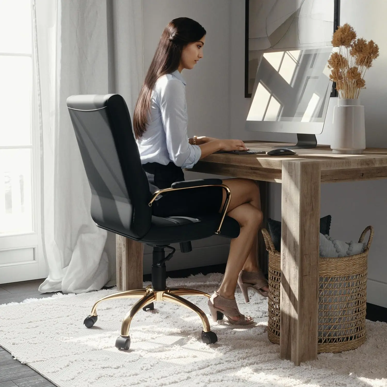 Flash Furniture Whitney Mid-Back Swivel LeatherSoft Desk Chair with Wheels, Padded Seat and Armrests, Adjustable Height Padded Office Chair, Black image 7