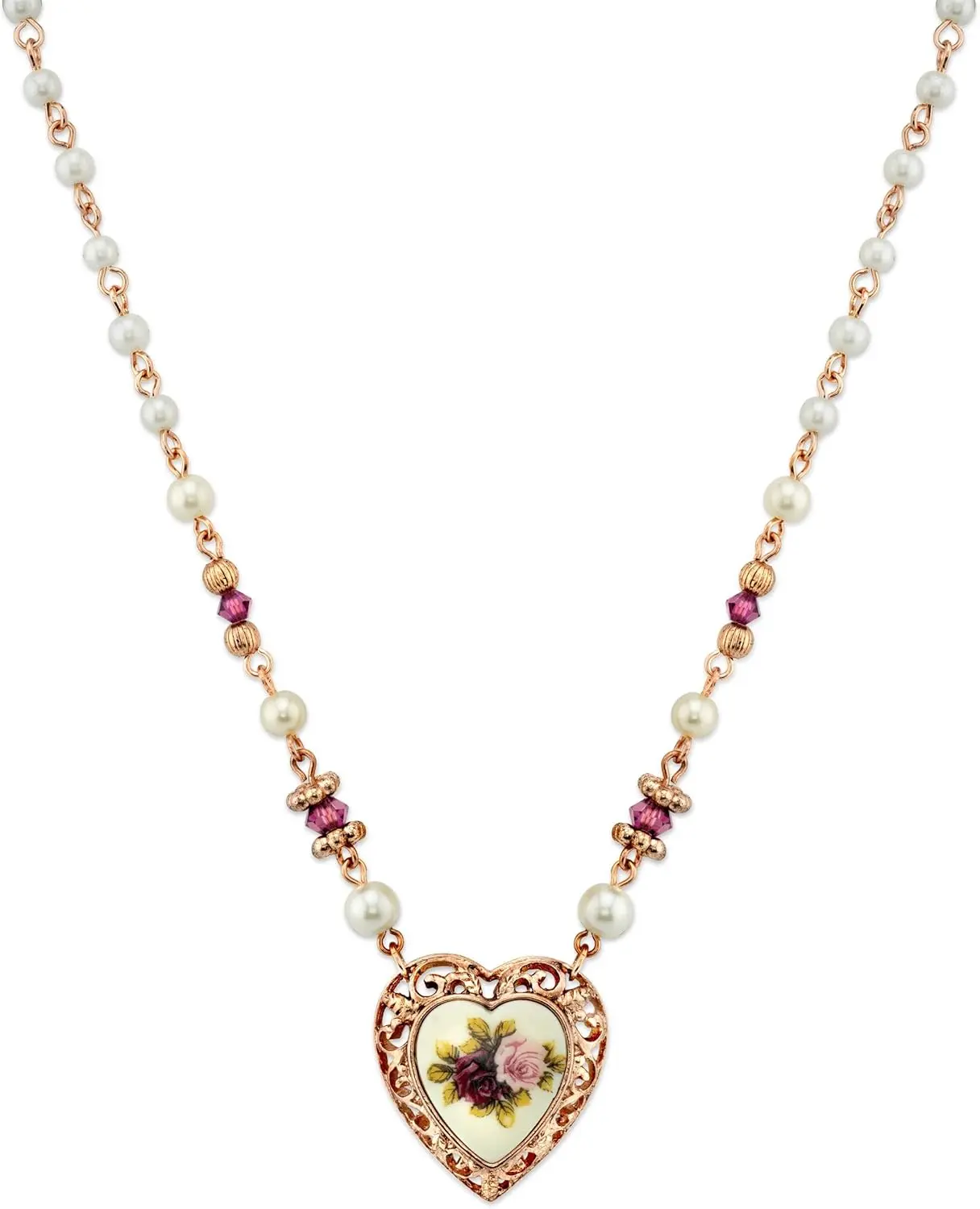 1928 Jewelry Manor House Faux Pearl Purple Flower Heart Pendant Necklace 15" + 3" Extender, Romantic Roses Vintage Victorian Inspired Aesthetic, Rose Gold Tone, Made In USA image 1