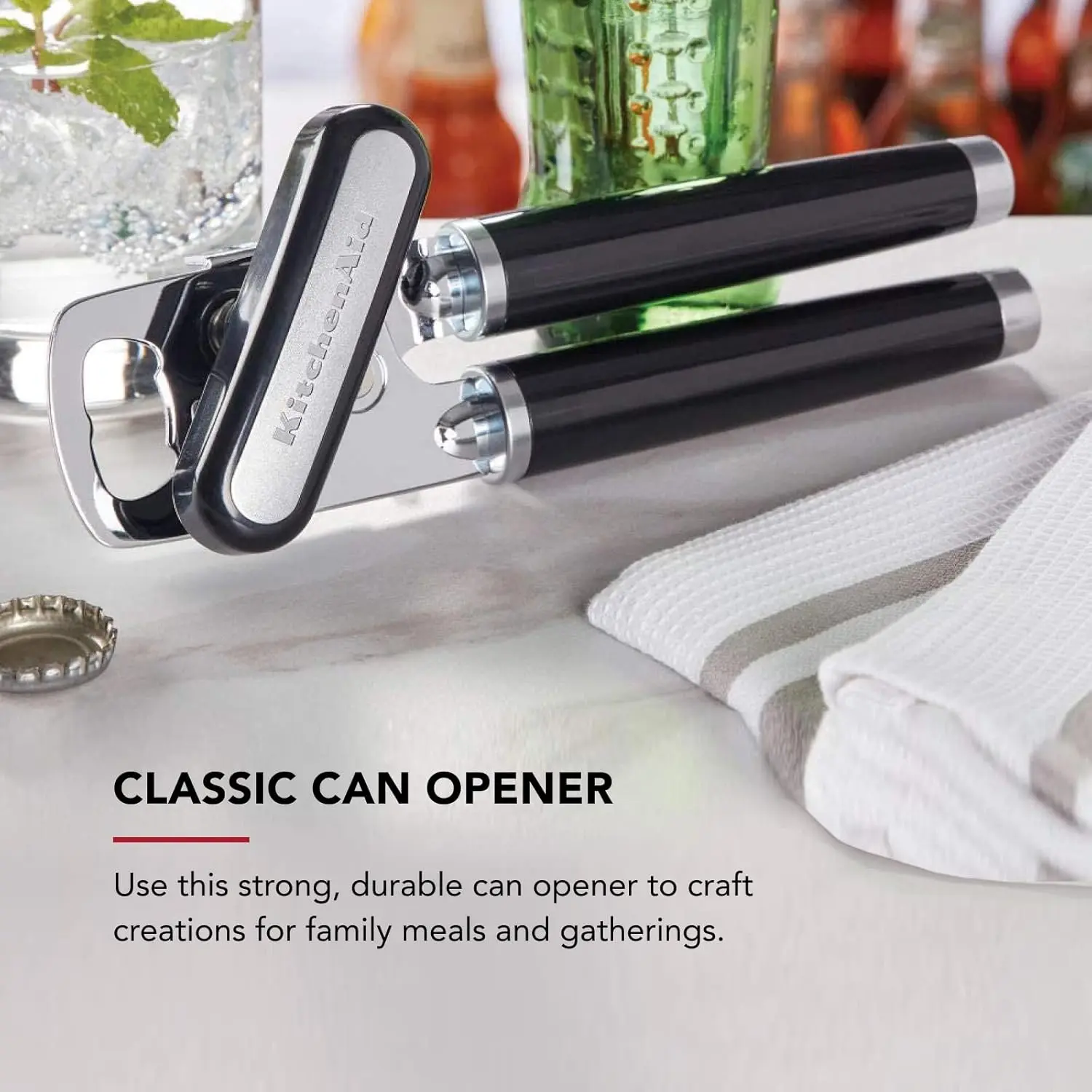 KitchenAid Classic Multifunction Can Opener and Bottle Opener Easy to Use, Razor Sharp Stainless Steel Cutting Wheel, Soft Ergonomic Handles, Black image 2