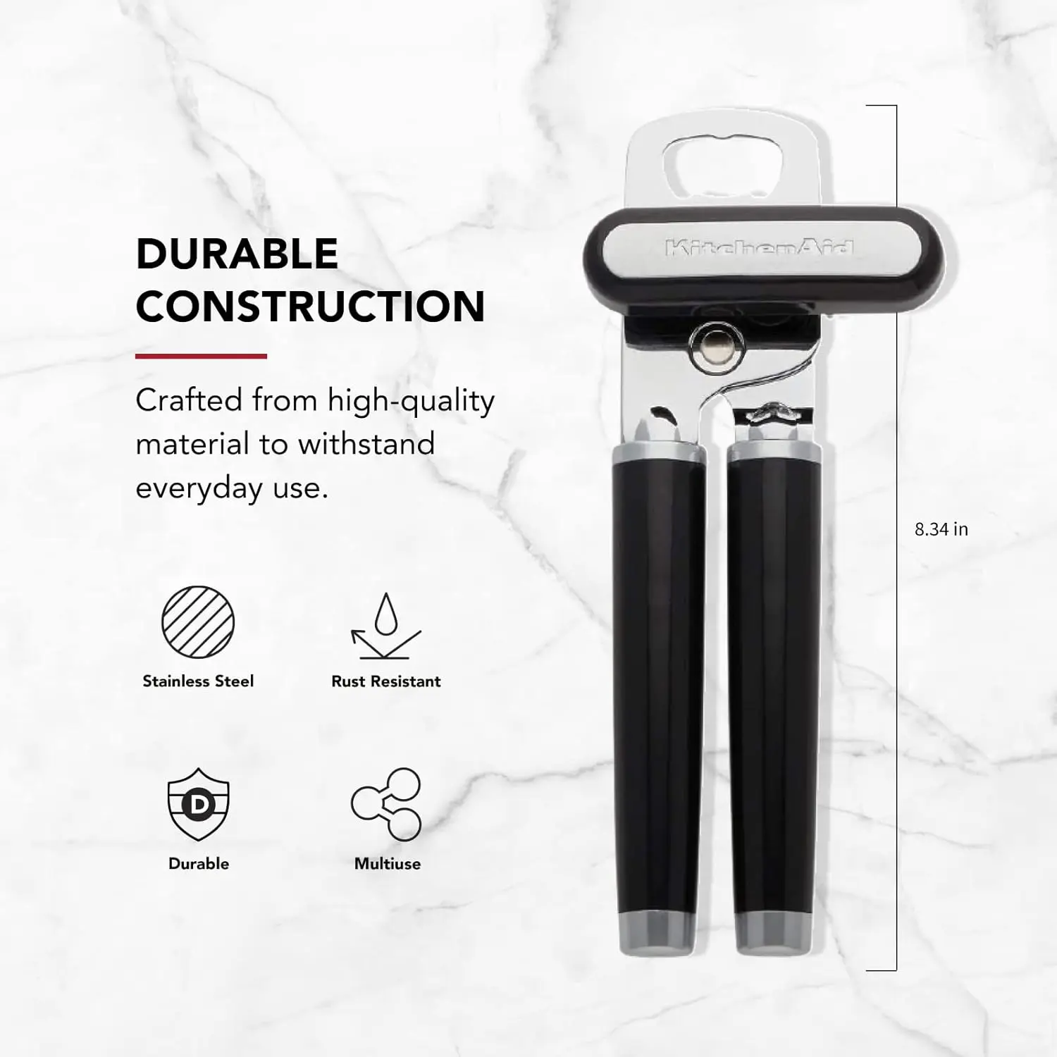 KitchenAid Classic Multifunction Can Opener and Bottle Opener Easy to Use, Razor Sharp Stainless Steel Cutting Wheel, Soft Ergonomic Handles, Black image 4