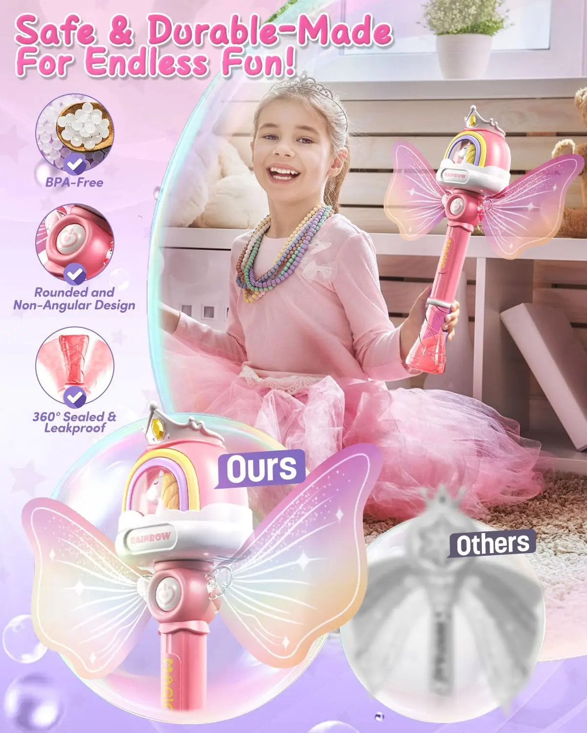 Bubble Wands for Girls Kids, Bubble Machine LED Light Princess Toys with 4 AA Batteries & 2 Solutions, Girl Stuff Outdoor Party Toys for Toddlers, Birthday Gift for 3 4 5 6 7 8 Year Old Girls image 3