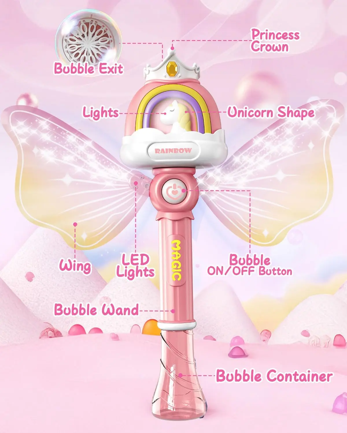 Bubble Wands for Girls Kids, Bubble Machine LED Light Princess Toys with 4 AA Batteries & 2 Solutions, Girl Stuff Outdoor Party Toys for Toddlers, Birthday Gift for 3 4 5 6 7 8 Year Old Girls image 4