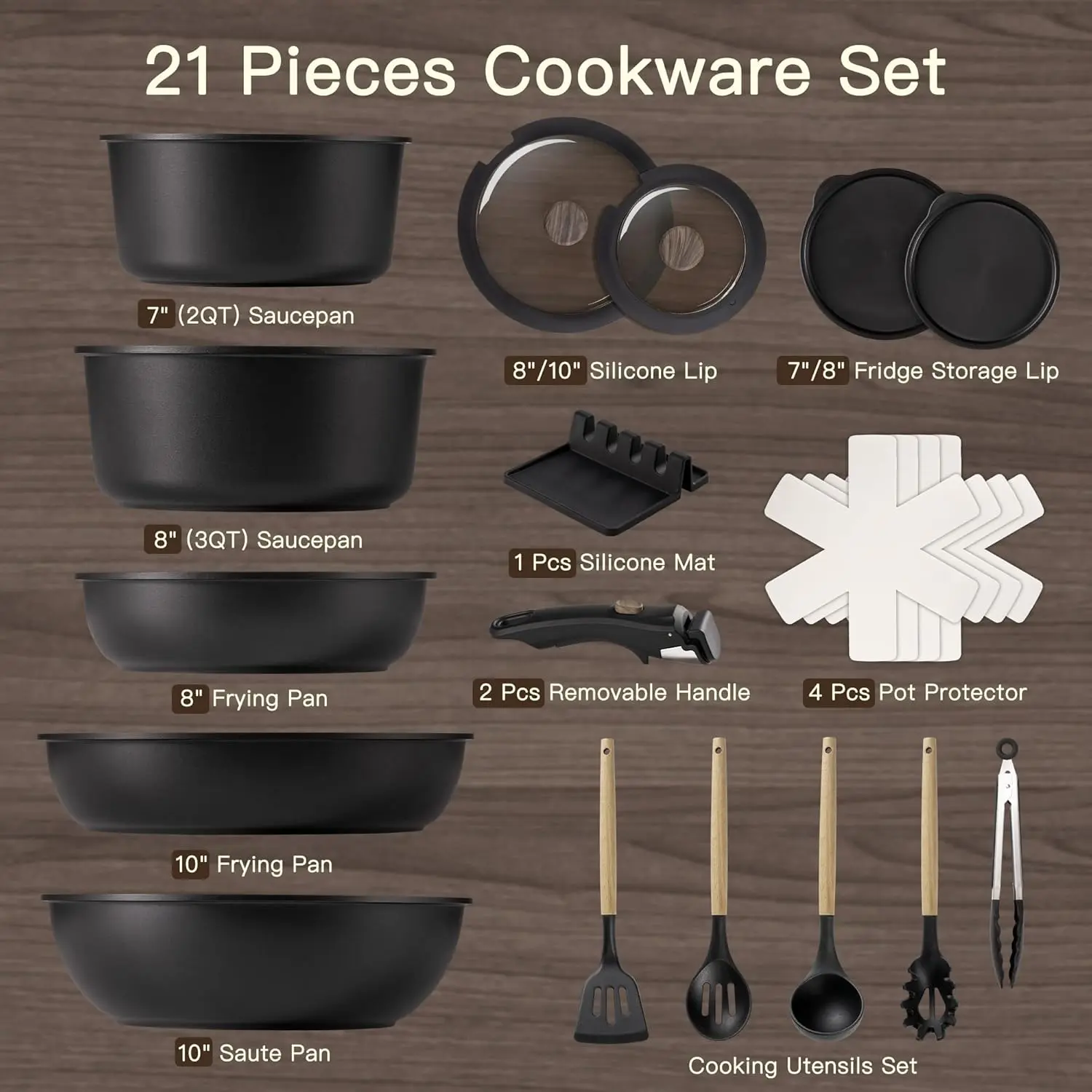 Astercook 21 Pcs Pots and Pans Set Non Stick, Ceramic Cookware Set Detachable Handle, RV Kitchen Cooking Set Removable Handles, Oven Safe, Induction Ready, Stackable Non-stick Set, Black image 9