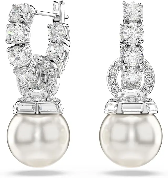 Swarovski Matrix Jewelry Set, Tennis Bracelet, Earrings, Clear Round Cut Crystals With Pearls, Rhodium Finish image 2