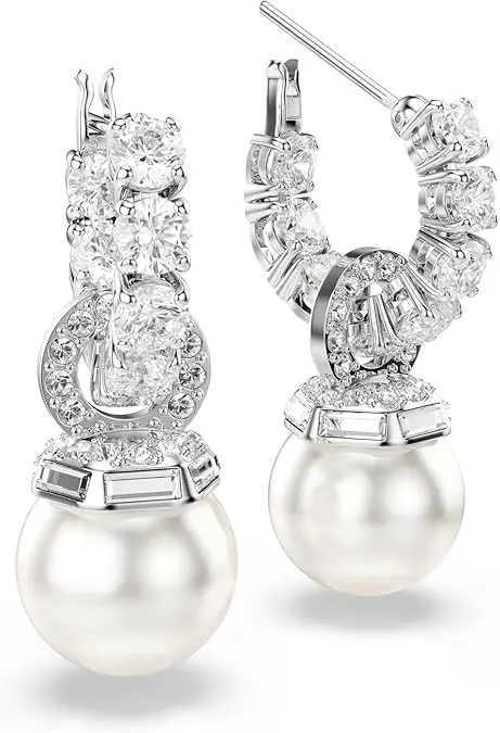 Swarovski Matrix Jewelry Set, Tennis Bracelet, Earrings, Clear Round Cut Crystals With Pearls, Rhodium Finish image 3