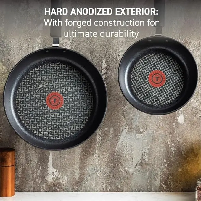 T-fal Ultimate Hard Anodized Nonstick Fry Pan Set 2 Piece, 8, 10 Inch, Oven Broiler Safe 400F, Kitchen, Cookware, Pots and Pans Set Non Stick, Frying Pans, Dishwasher Safe, Black image 2