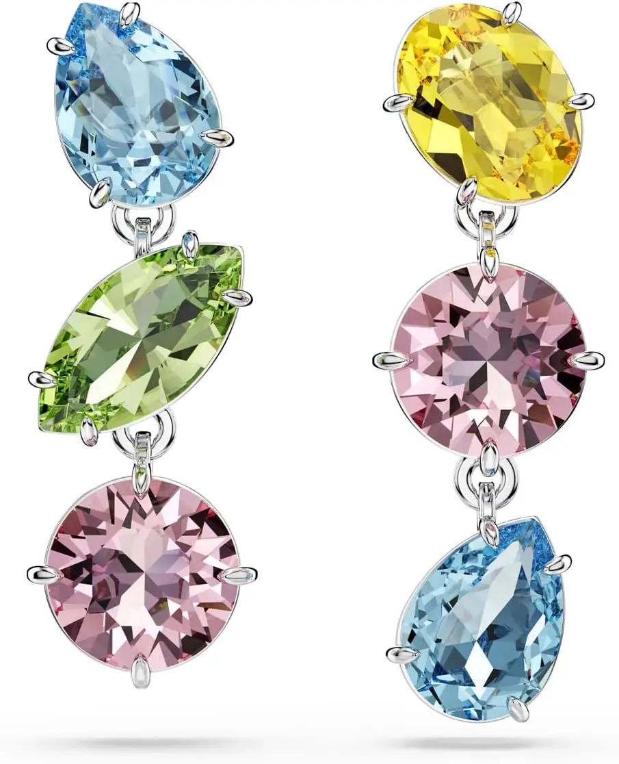 Swarovski Gema Drop Earrings, Asymmetrical Design, Mixed Cuts, Multicolored, Rhodium Finished image 1