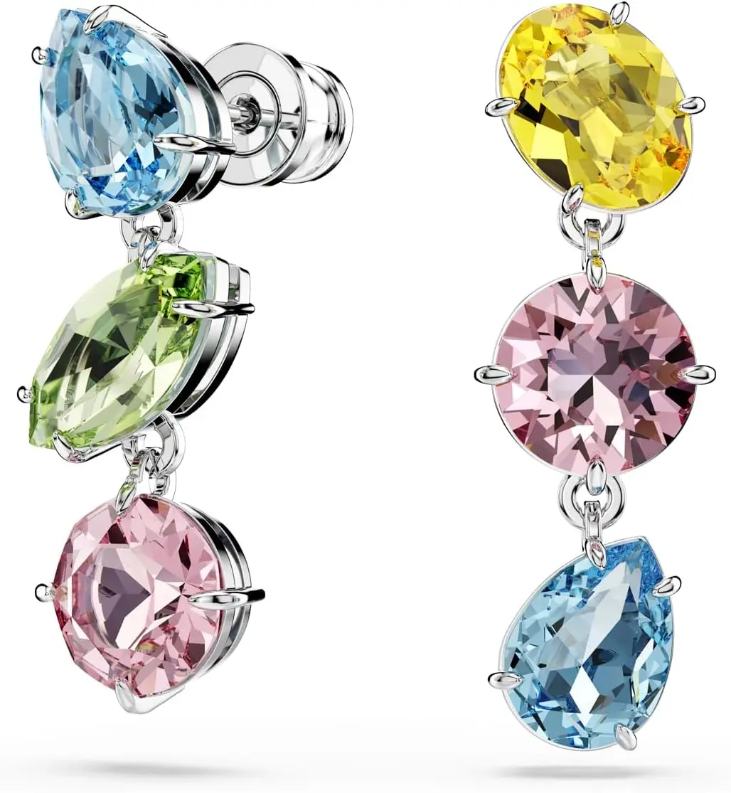 Swarovski Gema Drop Earrings, Asymmetrical Design, Mixed Cuts, Multicolored, Rhodium Finished image 2