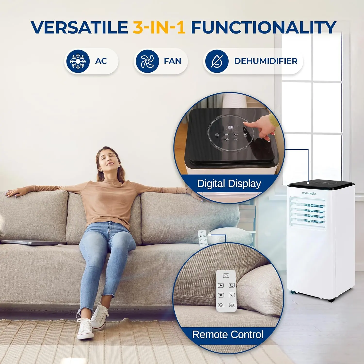 SereneLife 8000 BTU Portable Air Conditioner - 3-in-1 Compact Standing Air Conditioner for Room Up to 300 Sq. Ft. - Floor AC Unit with Remote Control - Universal Casters, Window Mount Kit image 3