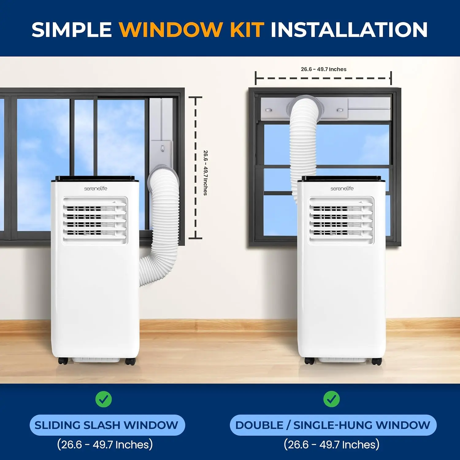 SereneLife 8000 BTU Portable Air Conditioner - 3-in-1 Compact Standing Air Conditioner for Room Up to 300 Sq. Ft. - Floor AC Unit with Remote Control - Universal Casters, Window Mount Kit image 4