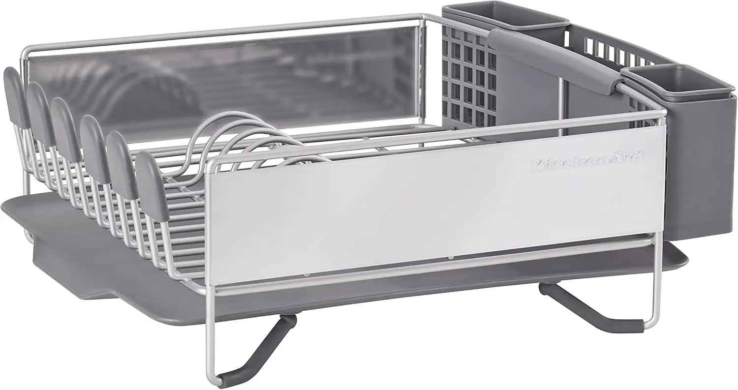 KitchenAid Compact Space Saving, Dish Rack with Removable Flatware Caddy and Angled Self Draining Drainboard, Satin Gray, 15-Inch-by-13.25-Inch image 1