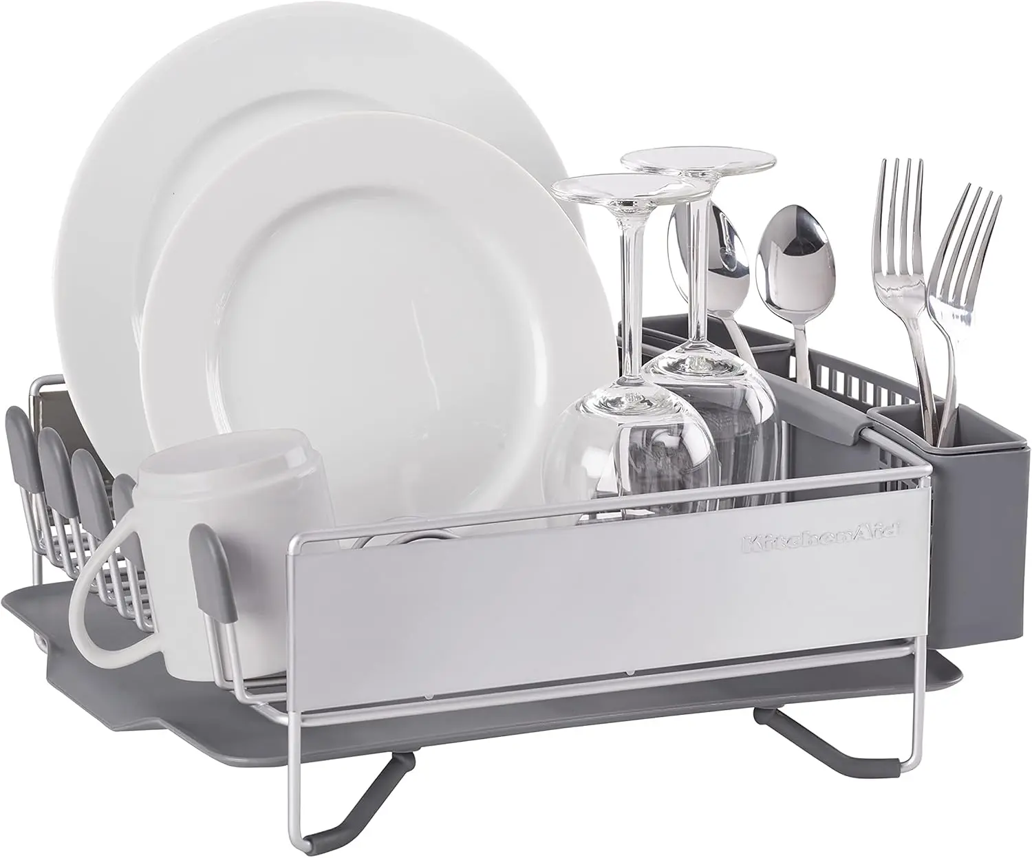 KitchenAid Compact Space Saving, Dish Rack with Removable Flatware Caddy and Angled Self Draining Drainboard, Satin Gray, 15-Inch-by-13.25-Inch image 2
