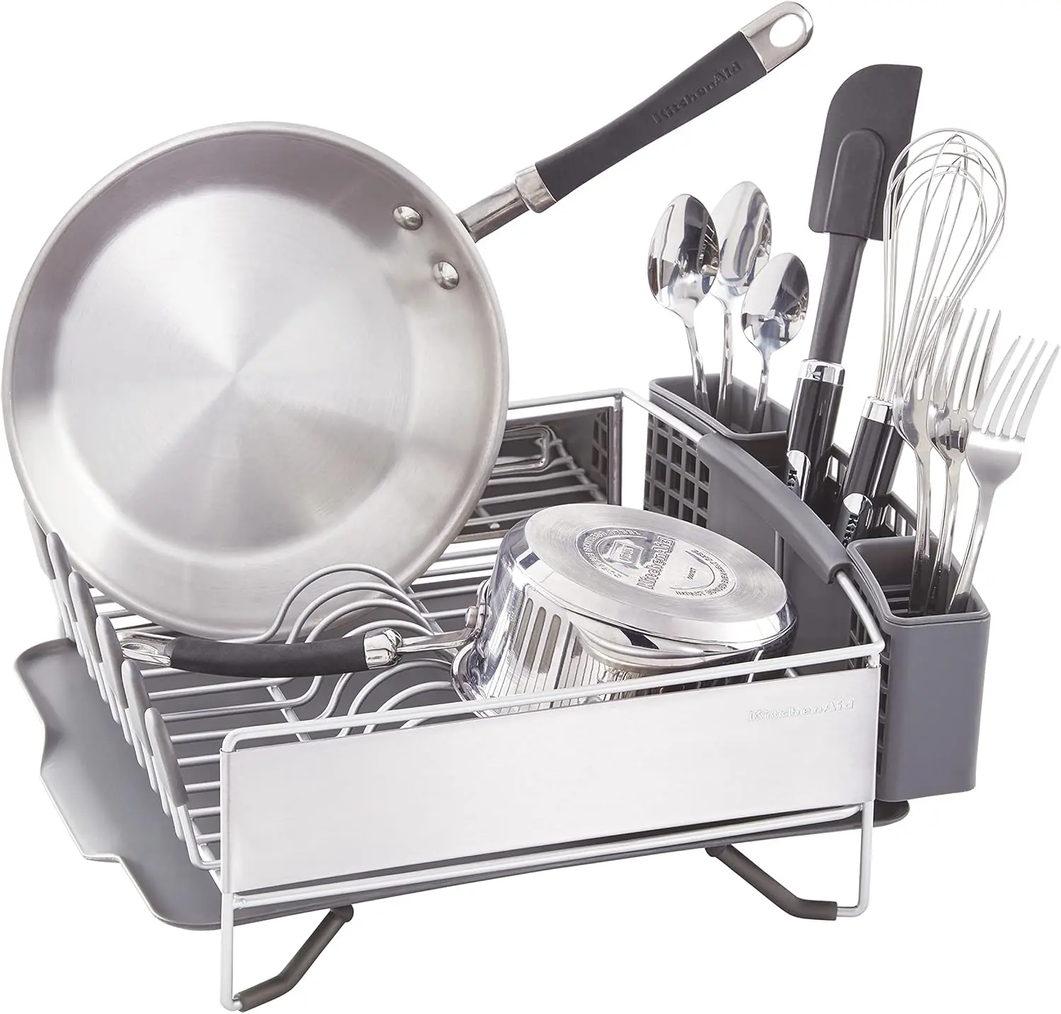 KitchenAid Compact Space Saving, Dish Rack with Removable Flatware Caddy and Angled Self Draining Drainboard, Satin Gray, 15-Inch-by-13.25-Inch image 3