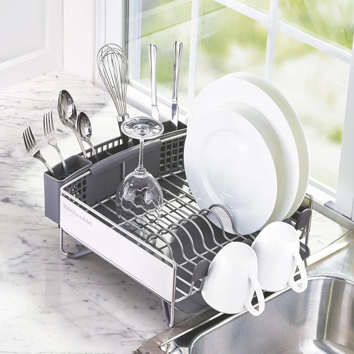 KitchenAid Compact Space Saving, Dish Rack with Removable Flatware Caddy and Angled Self Draining Drainboard, Satin Gray, 15-Inch-by-13.25-Inch image 4