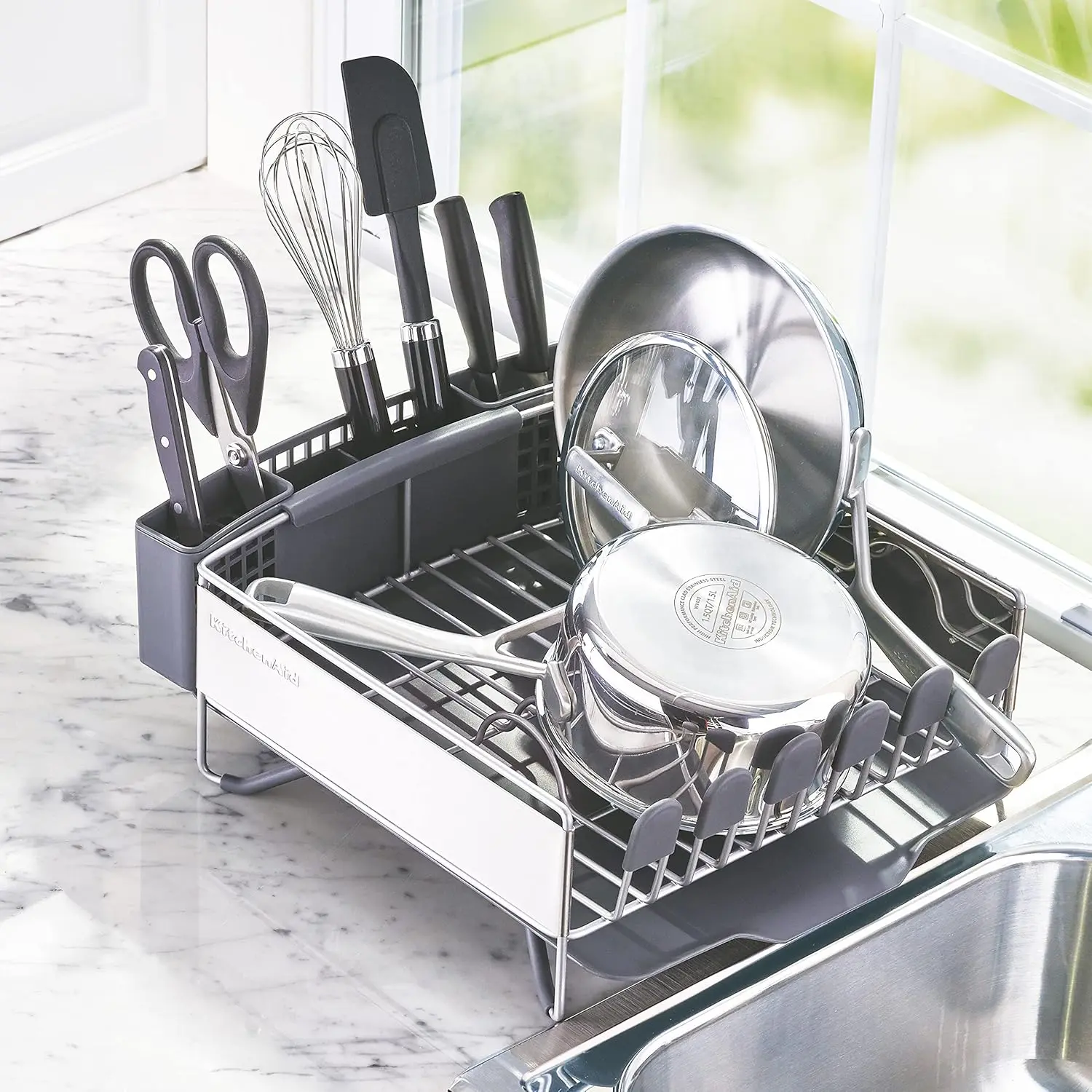 KitchenAid Compact Space Saving, Dish Rack with Removable Flatware Caddy and Angled Self Draining Drainboard, Satin Gray, 15-Inch-by-13.25-Inch image 5