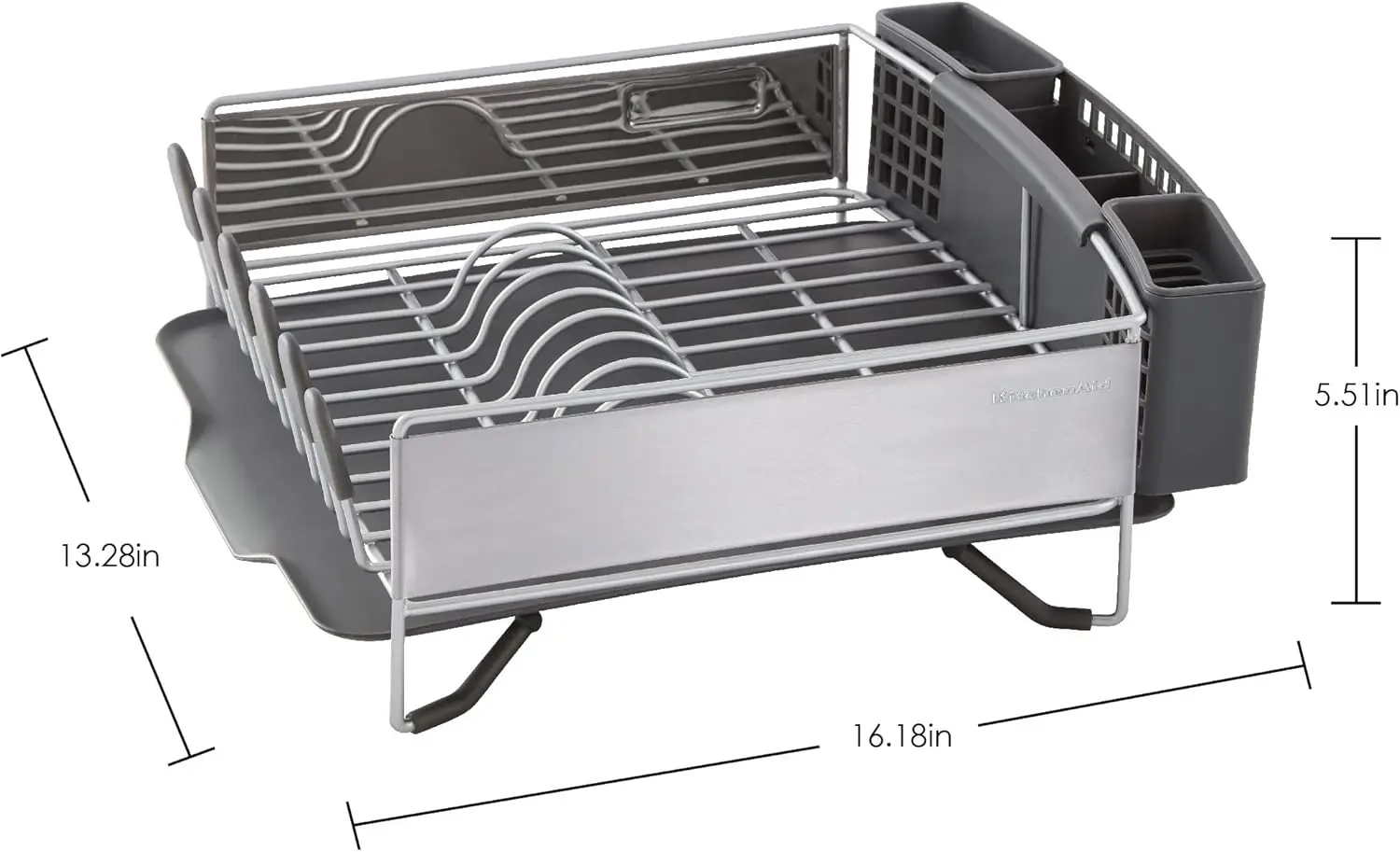 KitchenAid Compact Space Saving, Dish Rack with Removable Flatware Caddy and Angled Self Draining Drainboard, Satin Gray, 15-Inch-by-13.25-Inch image 6