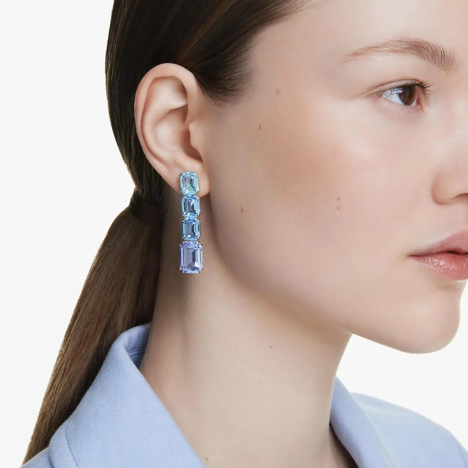 Swarovski Millenia Drop Earrings, Octagon Cut, Color Gradient, Blue, Rhodium Finished image 5