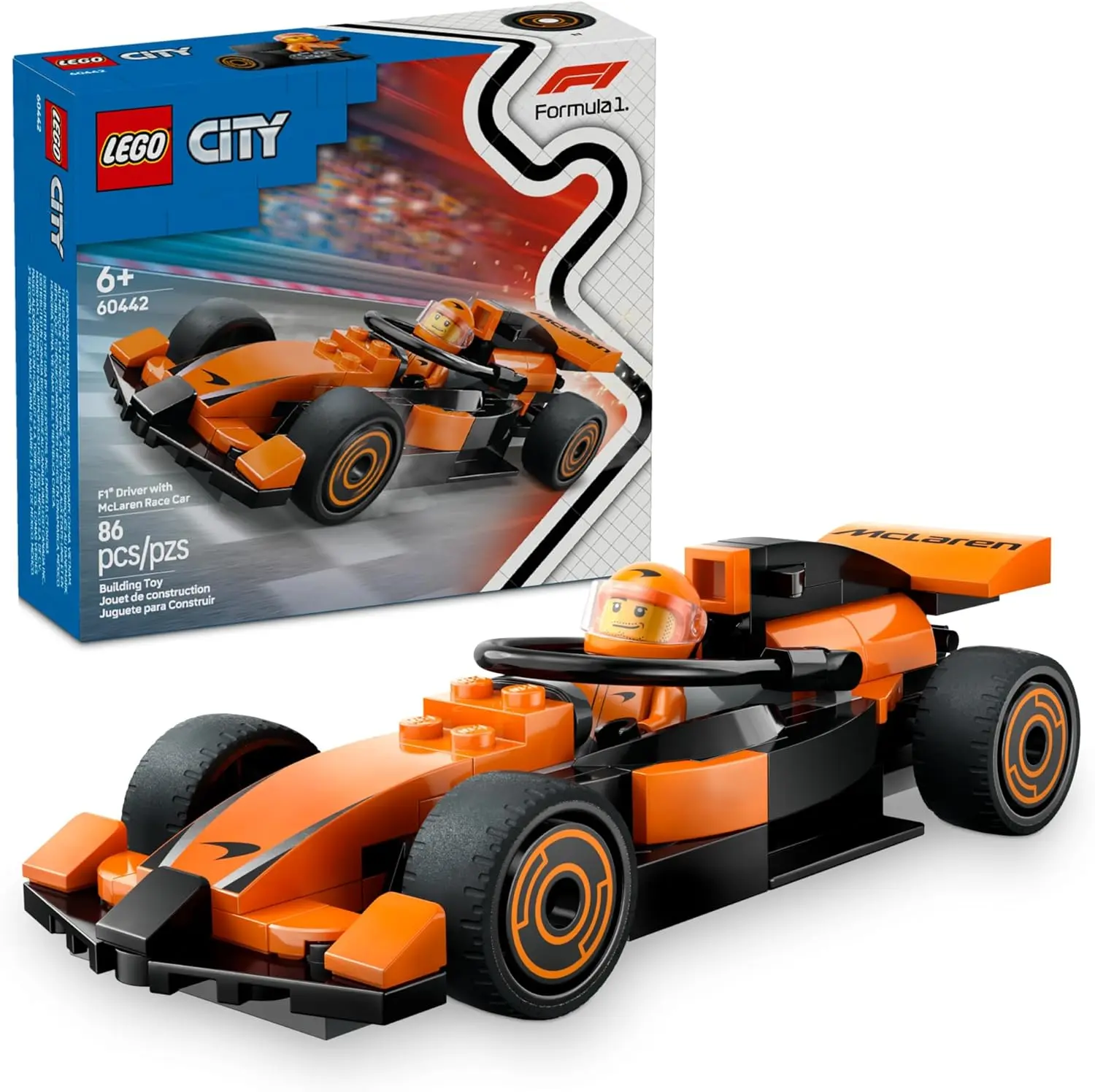 LEGO City F1 Driver with McLaren Race Car Toy - Model Car Building Toy Kit for Kids, Boys and Girls, Ages 6+ - F1 Collectible for Fans - with a Driver Minifigure - Gift Idea for Birthdays - 60442 image 1