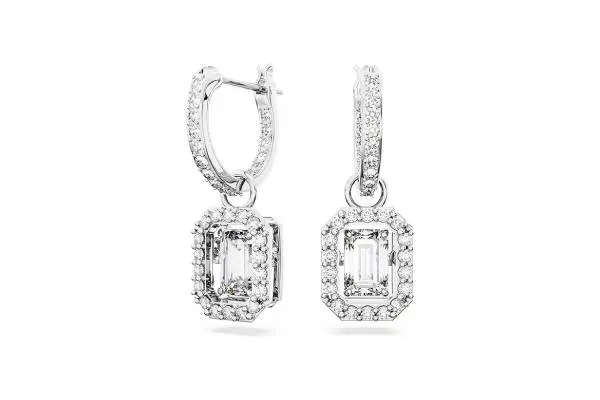 Swarovski Una Drop Earrings, Octagon Shaped, Violet and Clear Crystals in a Rhodium Plated Setting, from the Una Collection image