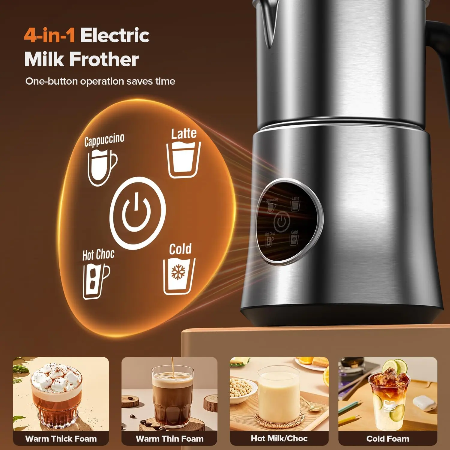 Milk Frother, Detachable Large-Capacity Electric Frother, Milk Steamer for Coffee, Cappuccino, Latte, Choc, Stainless Steel Jug, BPA-Free Transparent Lid image 2