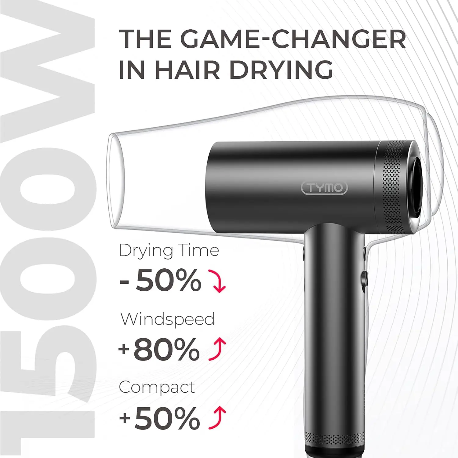 TYMO Hair Dryer with Diffuser for Women - 1500W Professional High Speed Blow Dryer with Comb, 110,000RPM Fast Dry, 200 Million Ionic Hairdryer, 4 Temps & 3 Speeds, 8 Ft Cord for Salon, Metal Gray image 3