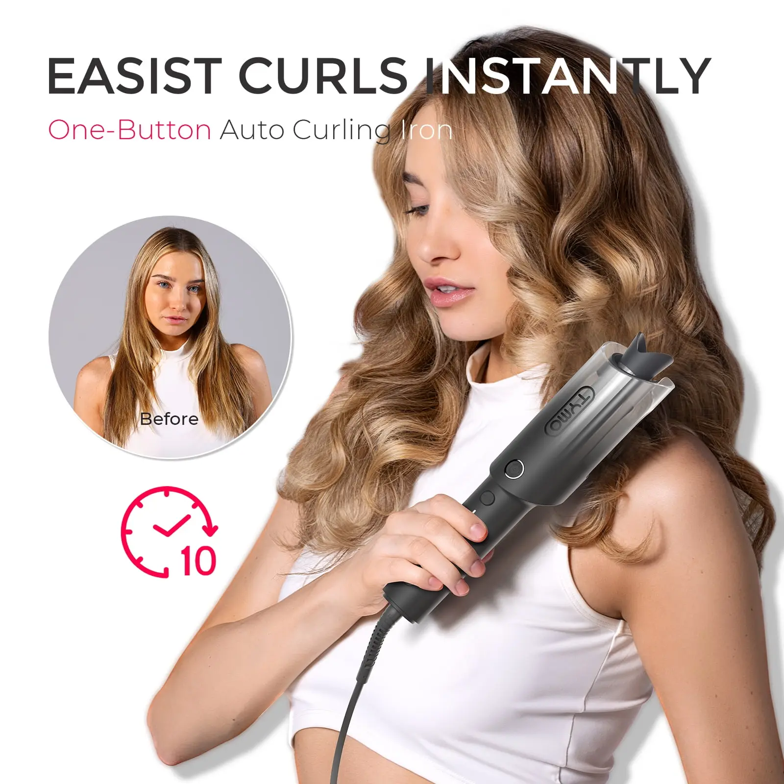 TYMO CURLPRO Automatic Curling Iron, Rotating Curling Wand for Lasting Beach Waves, 500M Ionic, Dual Voltage & Lightweight, 1 inch, Black Fade image 2