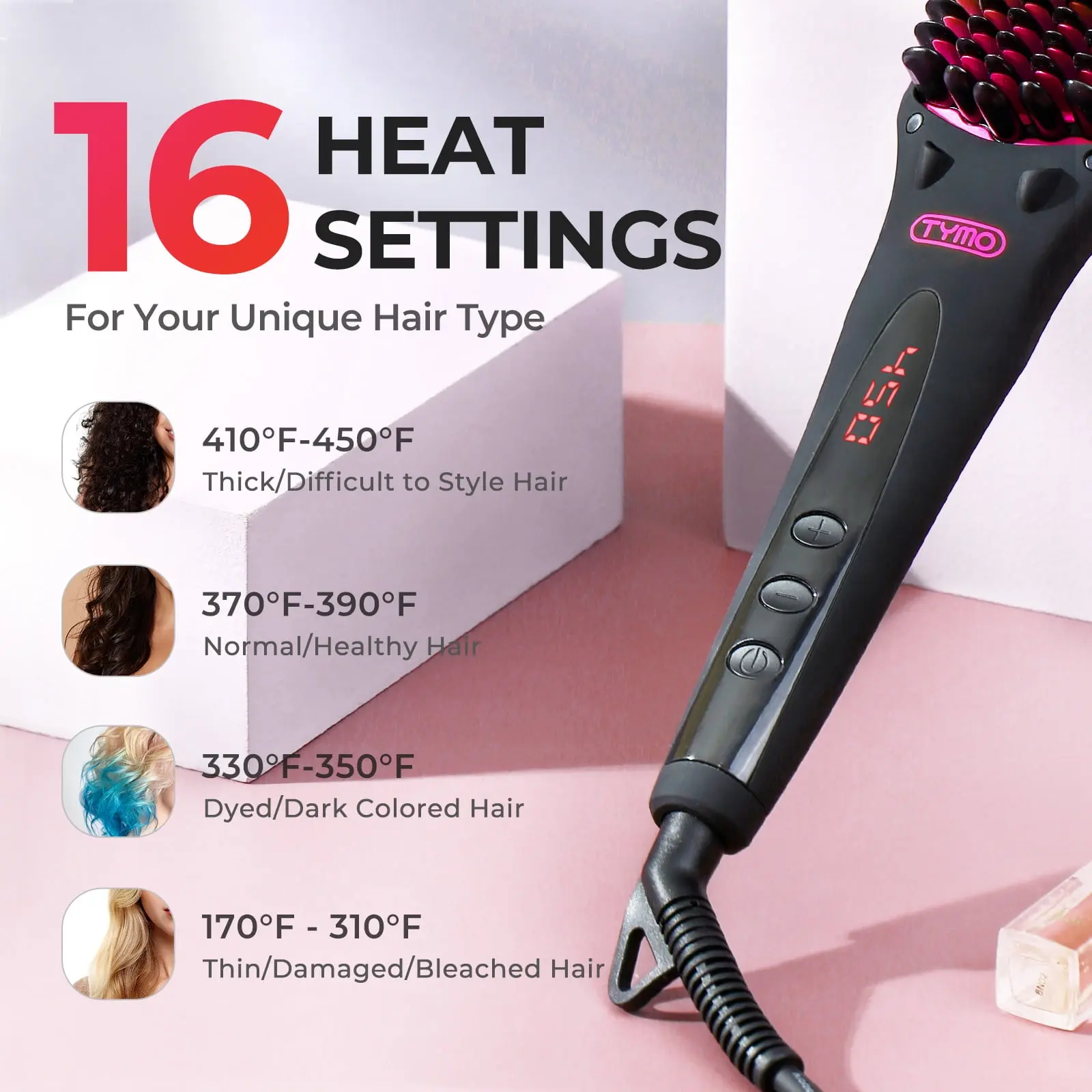 TYMO Ionic Hair Straightener Brush with 16 Temp Setting, LED Display Flat Iron Comb, Dual Voltage image 2