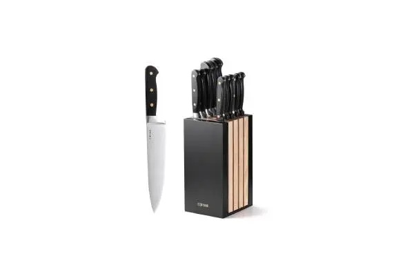CAROTE 11 Pieces Knife Set with Block for kitchen, Stainless Steel Razor-Sharp Blade, Triple Riveted Ergonomic Handle, Wooden Magnetic Block, Essential Knife Block Set, Black image