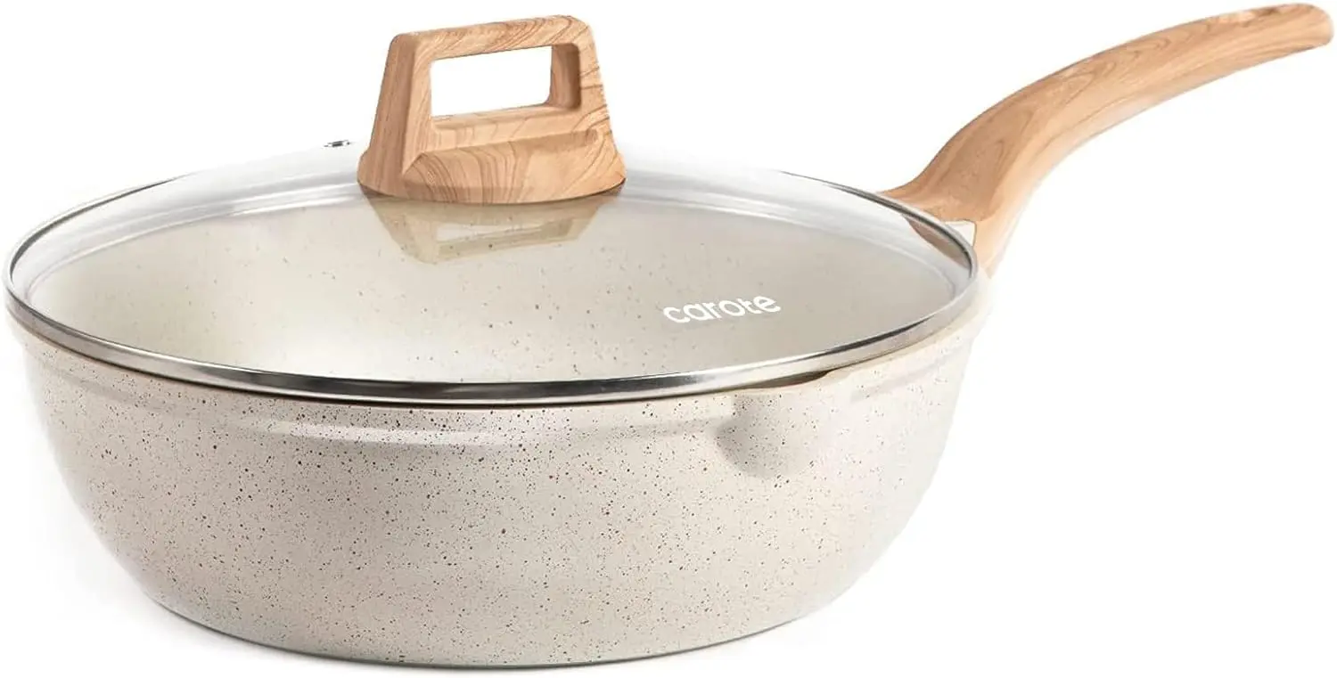 CAROTE 12Inch Nonstick Deep Frying Pan with Lid, 5.5 Qt Jumbo Cooker Saute Pan with Pour Spout, Skillet Induction Cookware, Non Stick Cooking Pan Kitchen Pan PFOA Free, White Granite image 1