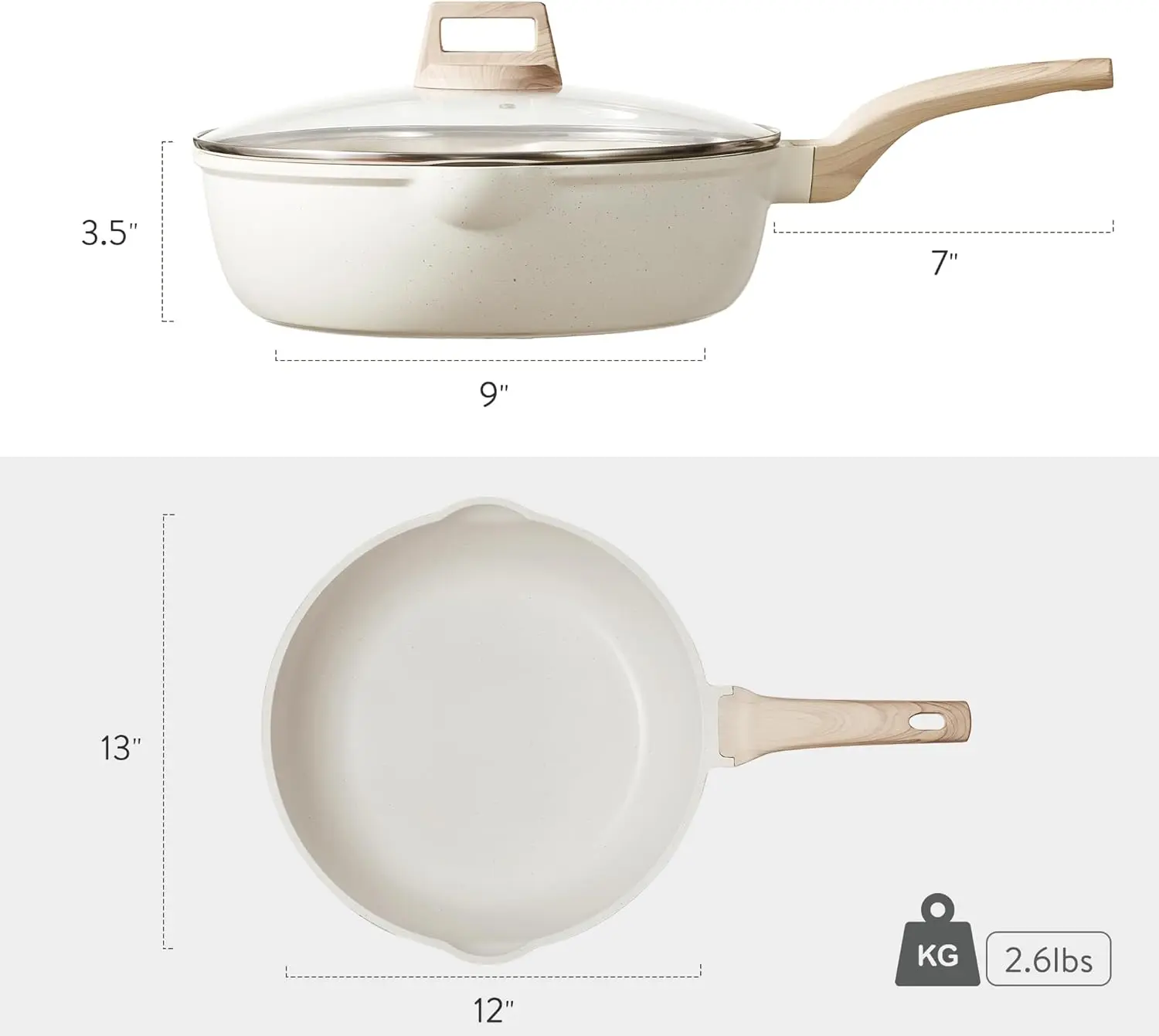 CAROTE 12Inch Nonstick Deep Frying Pan with Lid, 5.5 Qt Jumbo Cooker Saute Pan with Pour Spout, Skillet Induction Cookware, Non Stick Cooking Pan Kitchen Pan PFOA Free, White Granite image 2