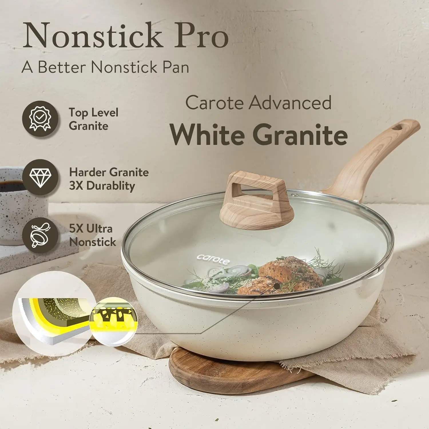 CAROTE 12Inch Nonstick Deep Frying Pan with Lid, 5.5 Qt Jumbo Cooker Saute Pan with Pour Spout, Skillet Induction Cookware, Non Stick Cooking Pan Kitchen Pan PFOA Free, White Granite image 7