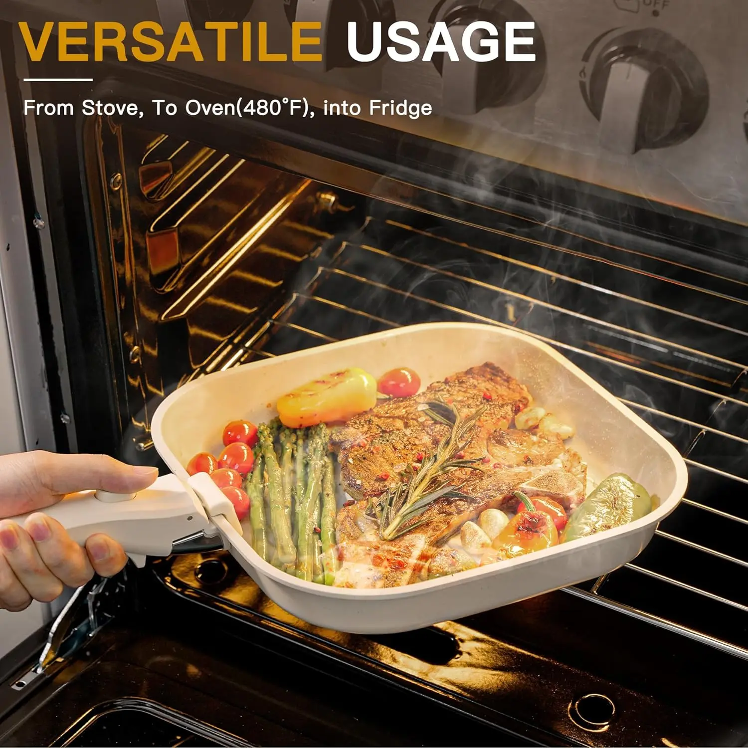 Astercook 23 Pcs Pots and Pans Set Non Stick, Ceramic Cookware Set Detachable Handle, RV Kitchen Cooking Set Removable Handles, Oven Safe, Induction Ready, Stackable Non-stick Set, Cream White image 3