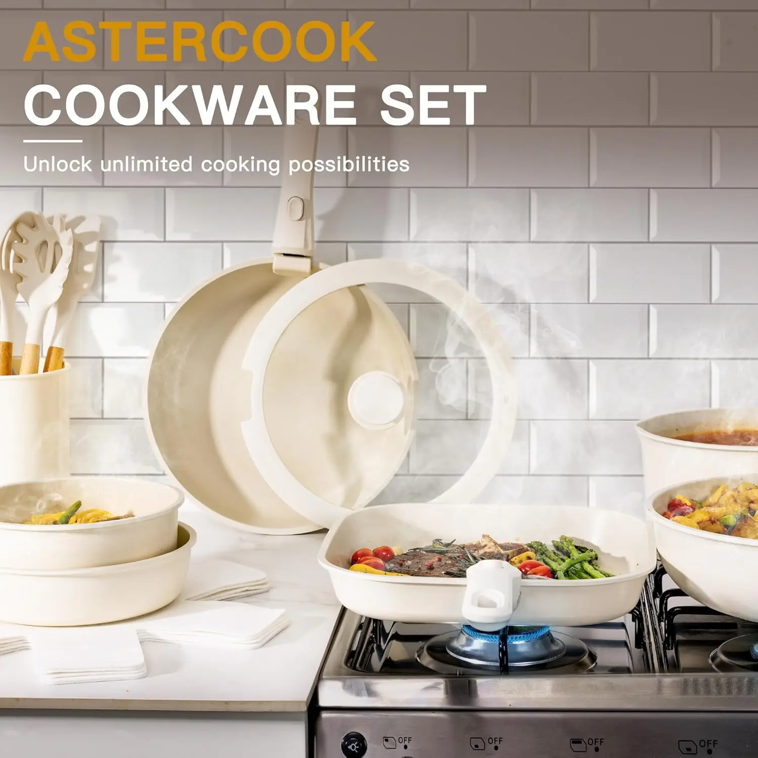 Astercook 23 Pcs Pots and Pans Set Non Stick, Ceramic Cookware Set Detachable Handle, RV Kitchen Cooking Set Removable Handles, Oven Safe, Induction Ready, Stackable Non-stick Set, Cream White image 7