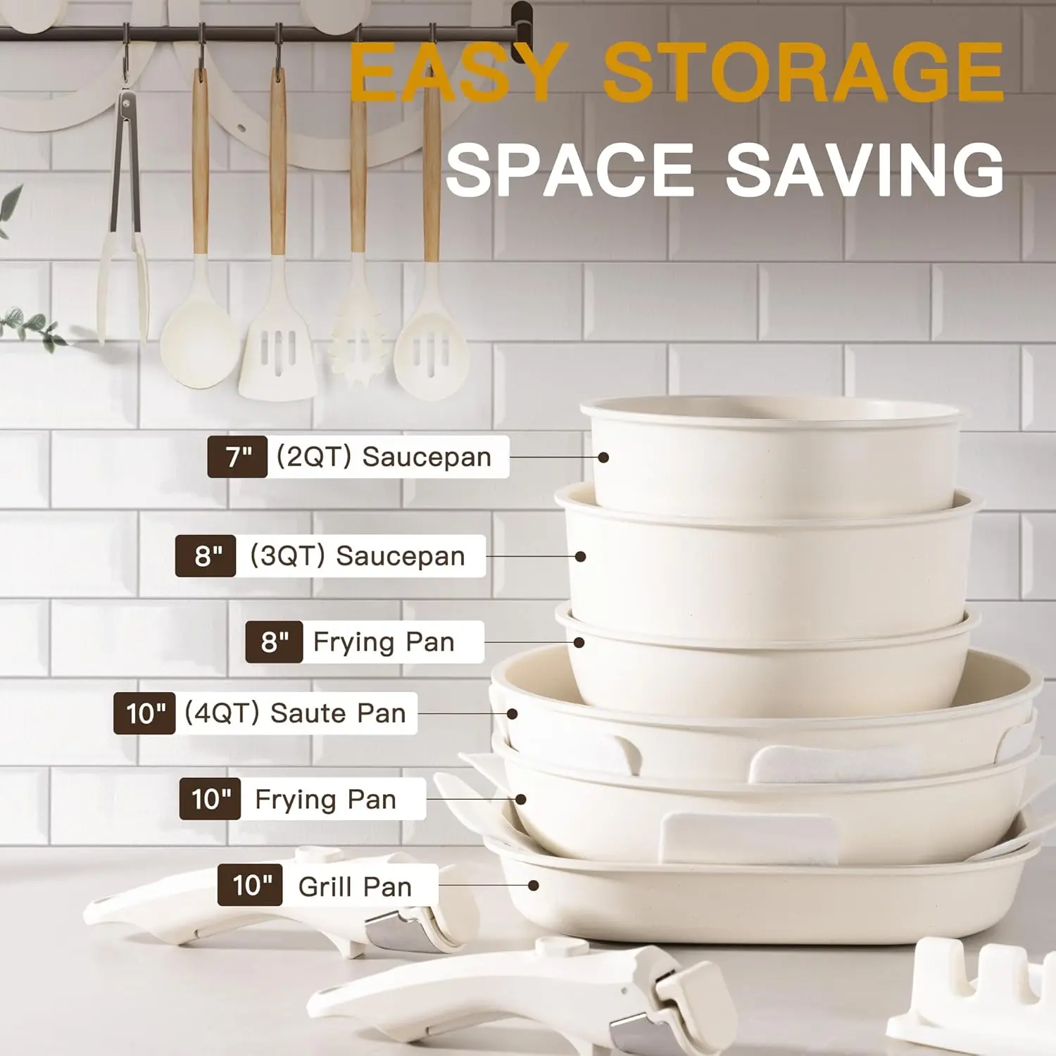 Astercook 23 Pcs Pots and Pans Set Non Stick, Ceramic Cookware Set Detachable Handle, RV Kitchen Cooking Set Removable Handles, Oven Safe, Induction Ready, Stackable Non-stick Set, Cream White image 9