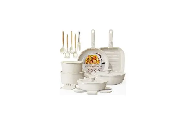 Astercook 23 Pcs Pots and Pans Set Non Stick, Ceramic Cookware Set Detachable Handle, RV Kitchen Cooking Set Removable Handles, Oven Safe, Induction Ready, Stackable Non-stick Set, Cream White image