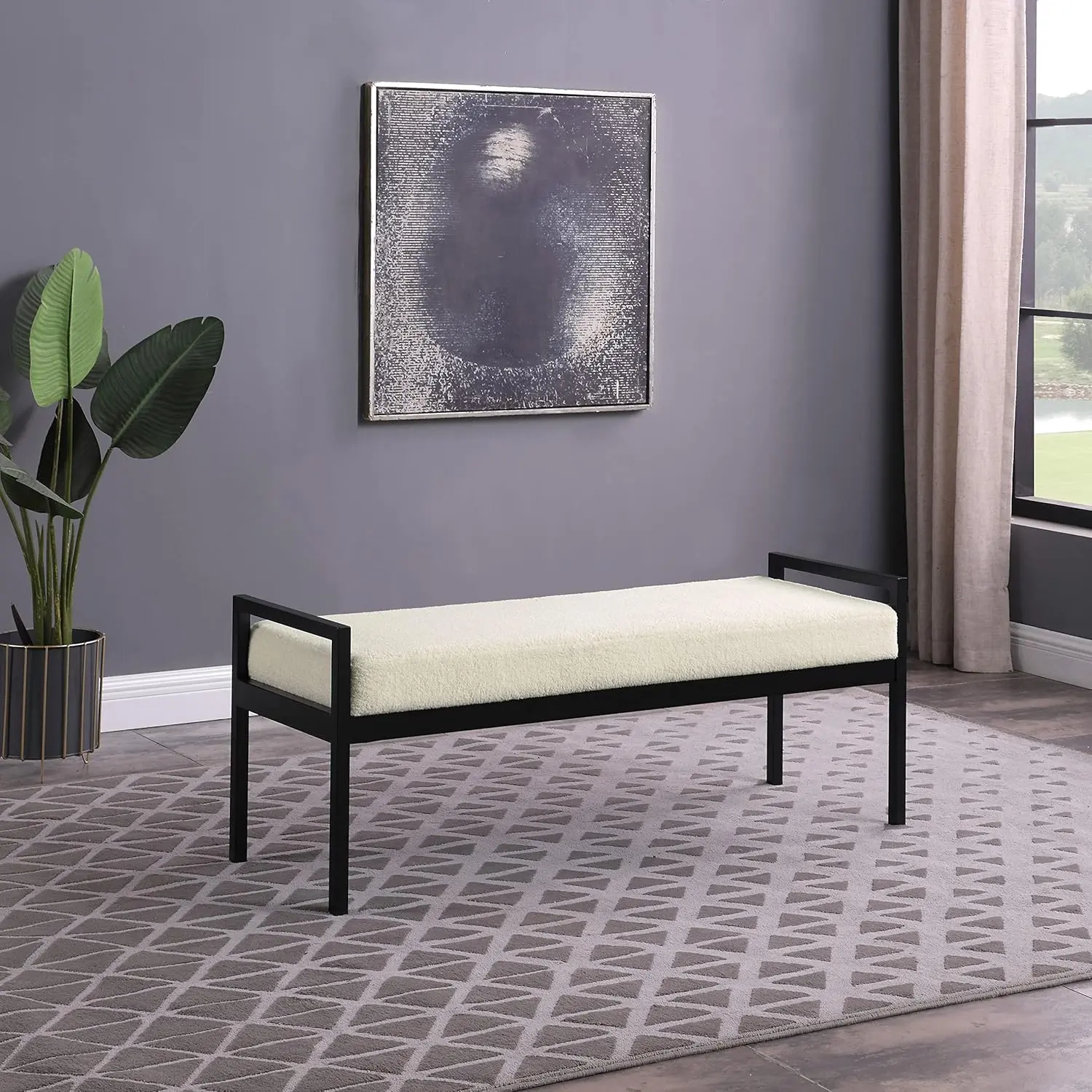 HomePop Modern Metal Bench|Bench for Living Room & Bedroom | Decorative Home Furniture -Sherpa Cream image 2