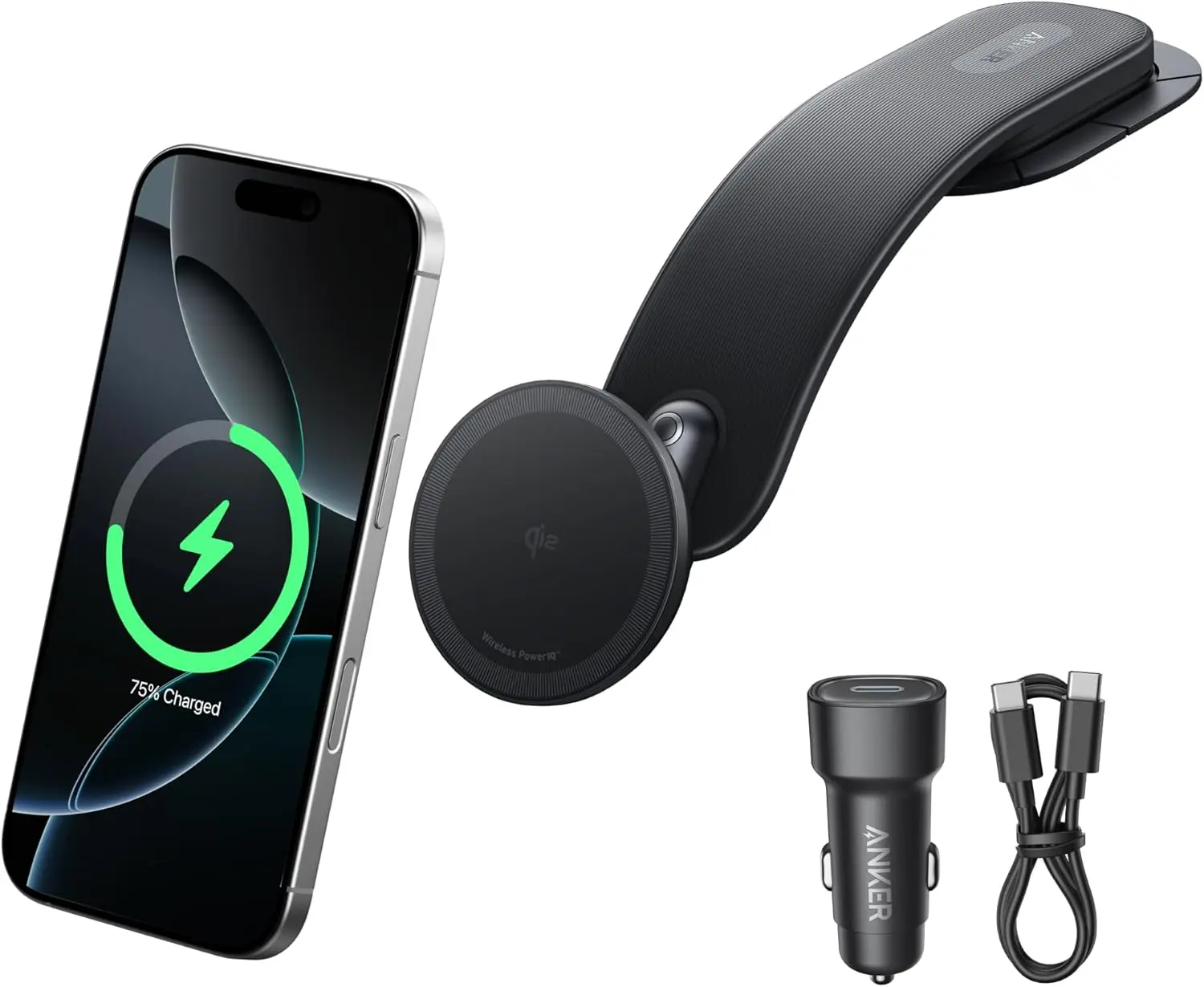 Anker Nano Magnetic Wireless Car Charger, 360° Adjustable Mount Car Charger with Detachable Pad, 15W Qi2 Certified with Alloy Bracket, Fast Charging for iPhone 16/15/14/13/12 Series (Adapter Included) image 1