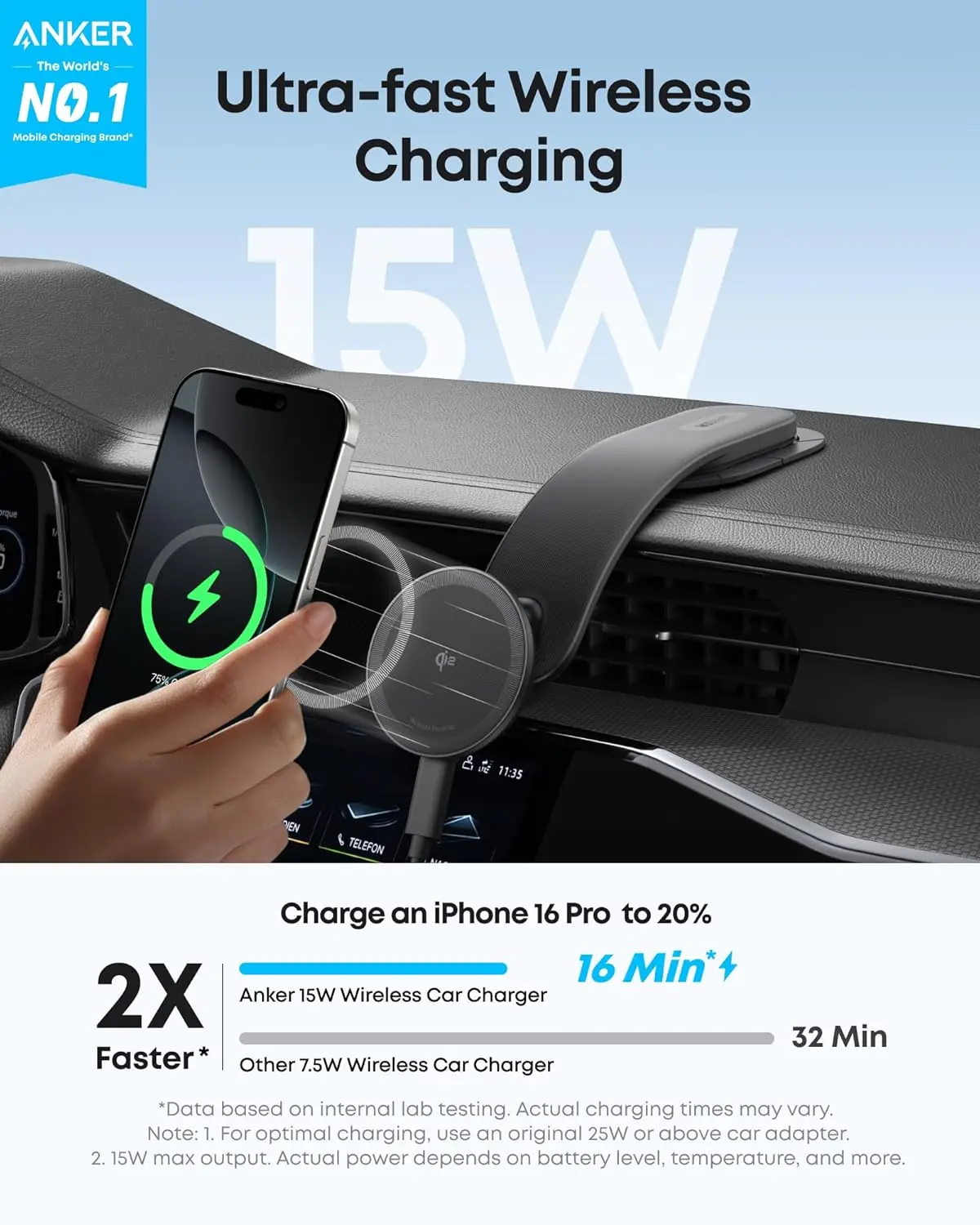 Anker Nano Magnetic Wireless Car Charger, 360° Adjustable Mount Car Charger with Detachable Pad, 15W Qi2 Certified with Alloy Bracket, Fast Charging for iPhone 16/15/14/13/12 Series (Adapter Included) image 2