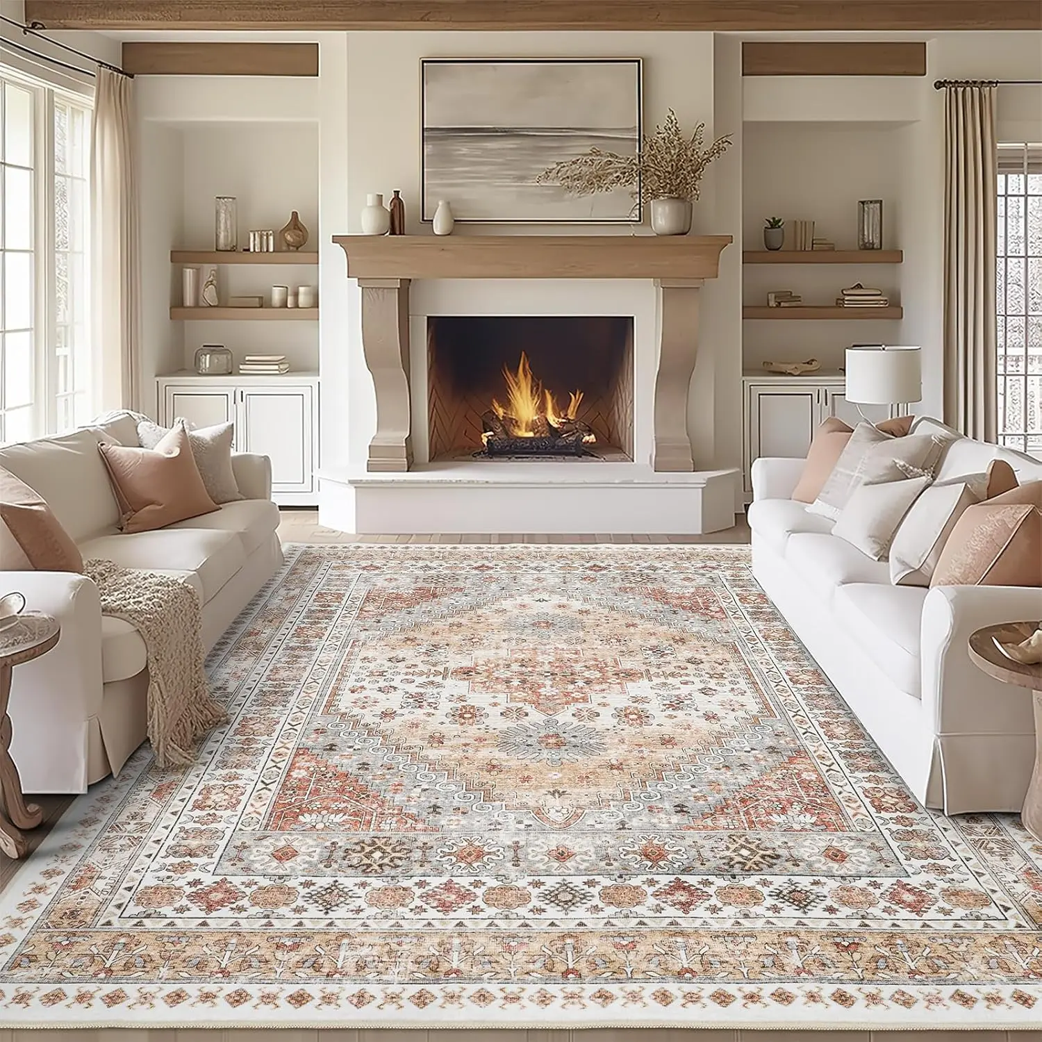 zesthome 8x10 Area Rugs for Living Room,Non-Slip Backing Washable Rugs,Vintage Large Area Rug，Stain Resistant Home Decor Rug (Orange,8'x10') image